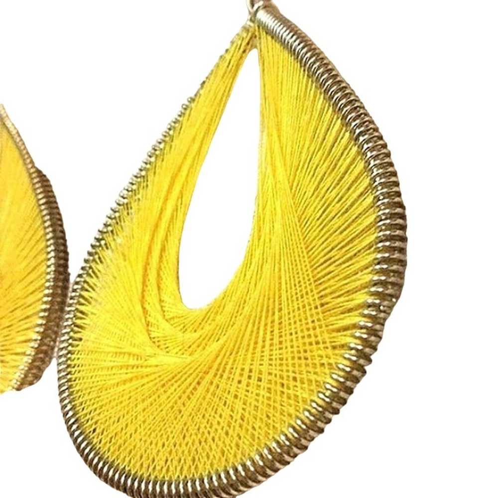 HUGE Vintage String Art Weaved Earrings Yellow Re… - image 3