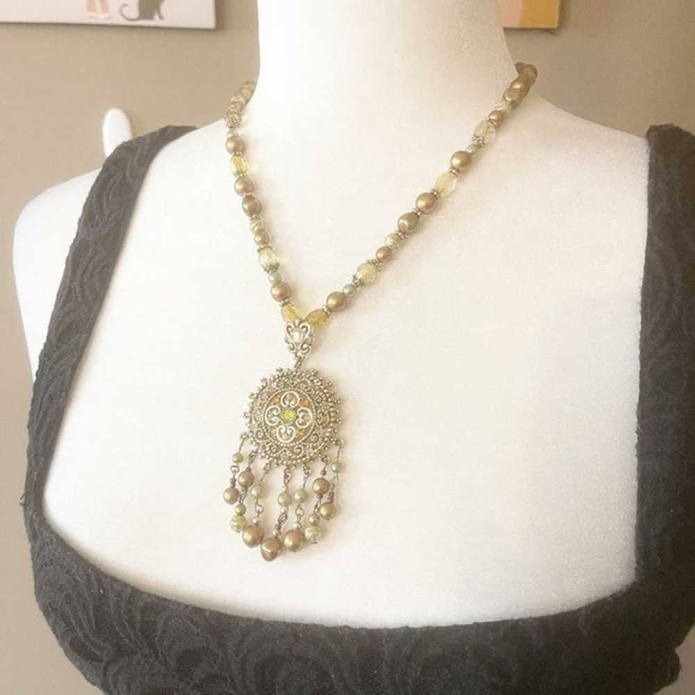 Vintage Medallion Beaded Green Jewel Necklace - image 1