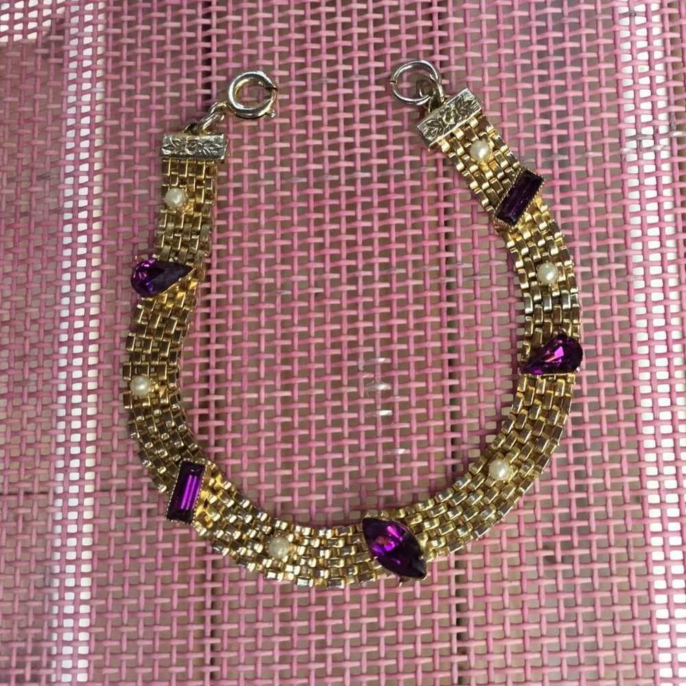 Vintage goldtone mesh bracelet with faux amethyst… - image 1