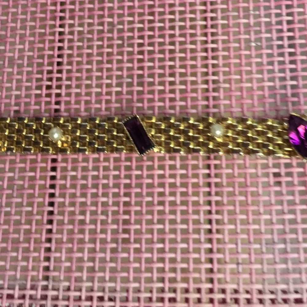 Vintage goldtone mesh bracelet with faux amethyst… - image 2