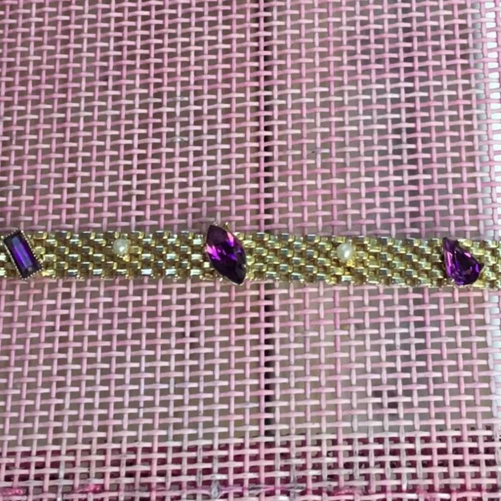 Vintage goldtone mesh bracelet with faux amethyst… - image 4