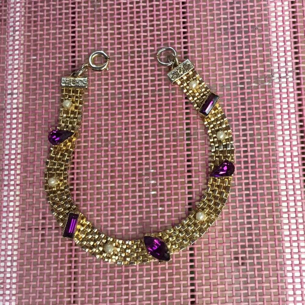 Vintage goldtone mesh bracelet with faux amethyst… - image 5