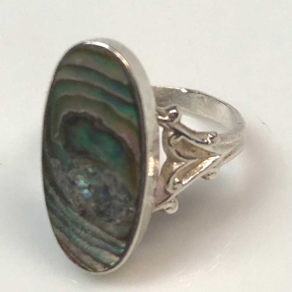 Vintage Oval Rainbow Abalone Sterling Silver Ring - image 2