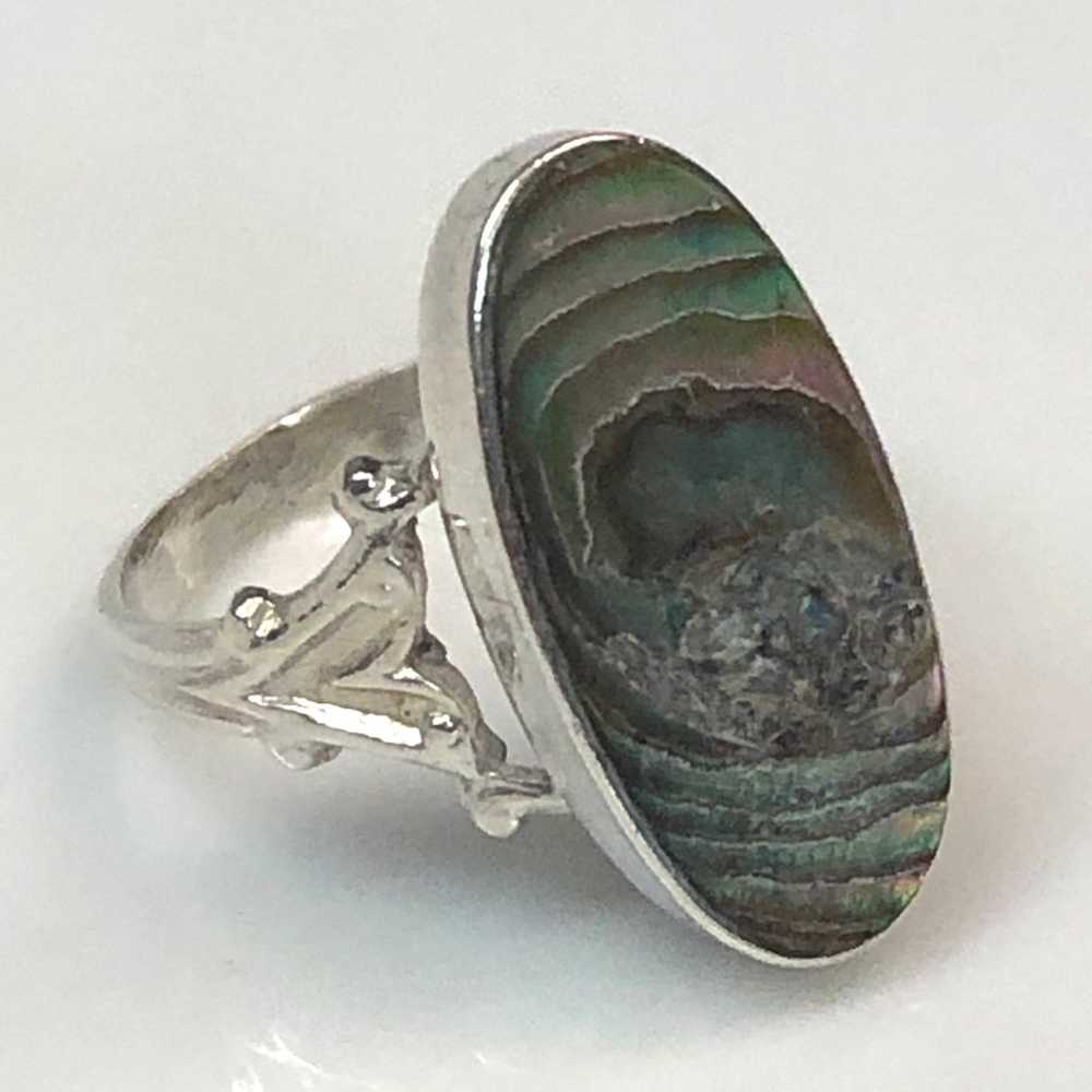 Vintage Oval Rainbow Abalone Sterling Silver Ring - image 3