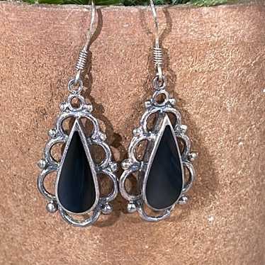 Vintage Sterling silver onyx filigree dangle drop… - image 1