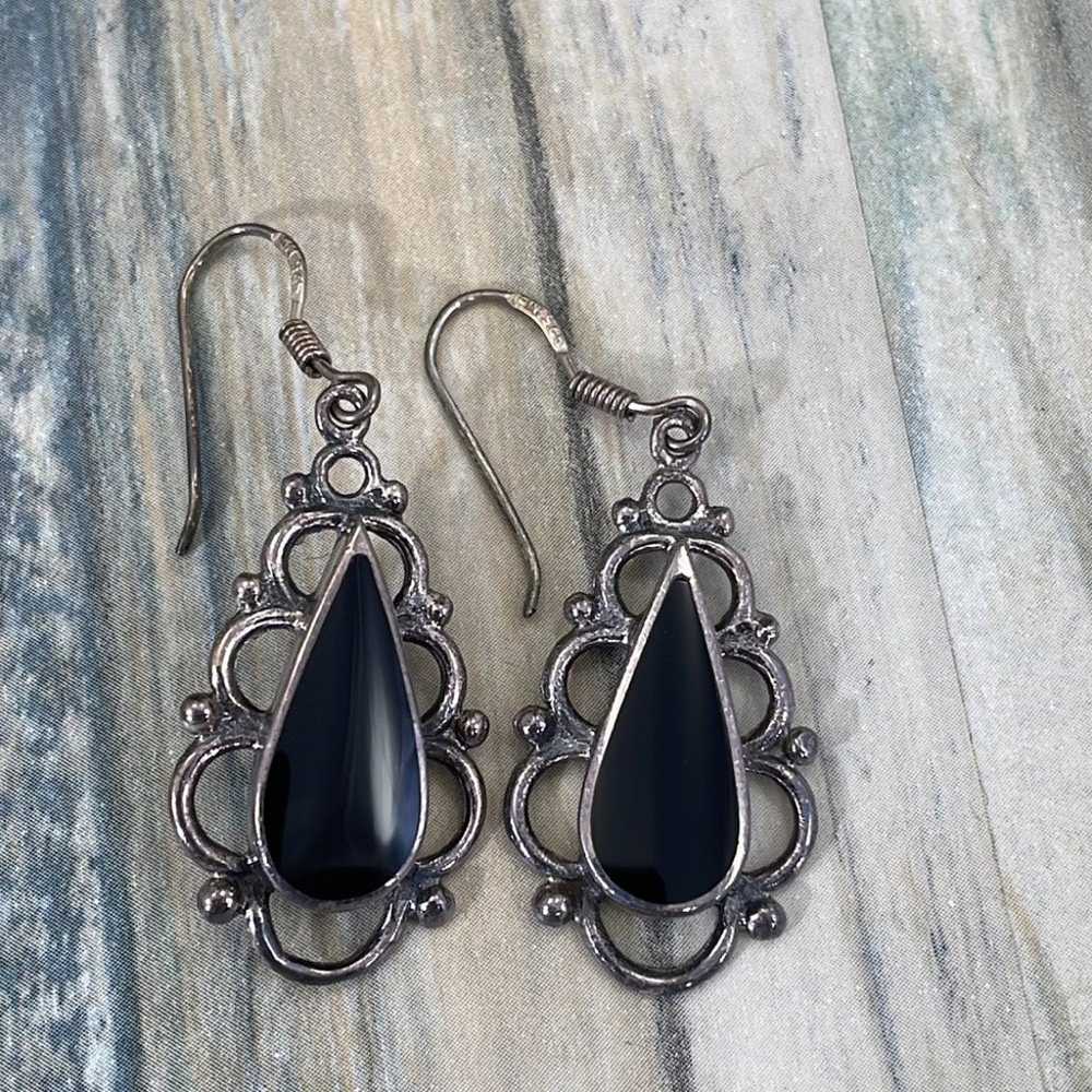 Vintage Sterling silver onyx filigree dangle drop… - image 3