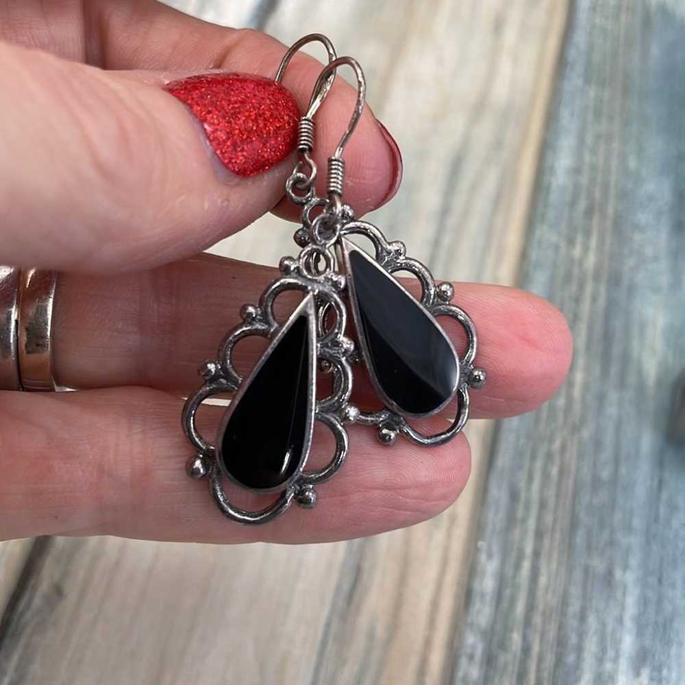 Vintage Sterling silver onyx filigree dangle drop… - image 7