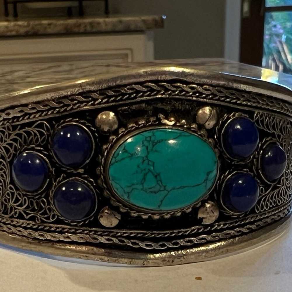 Vintage Silver Cuff Bracelet Turquoise Lapis - image 1