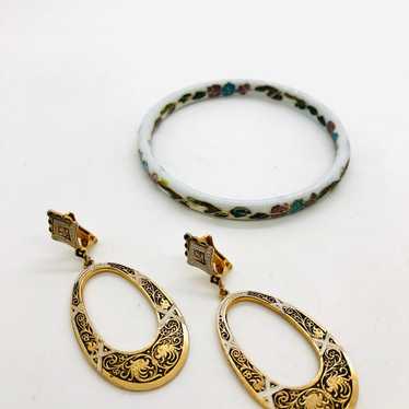 Vintage Damascene Earrings & Cloisonné Bracelet