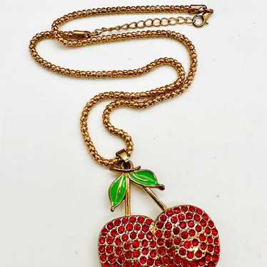 Retro Red Rhinestone Cherry Pendant Necklace