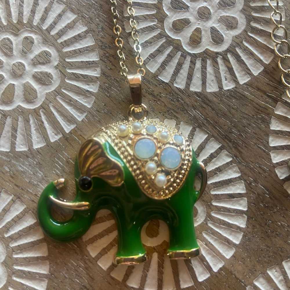 Green Enamel Elephant moon glass necklace - image 6