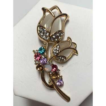 Vintage Gold Tone Rhinestone Resin Tulip Brooch - image 1