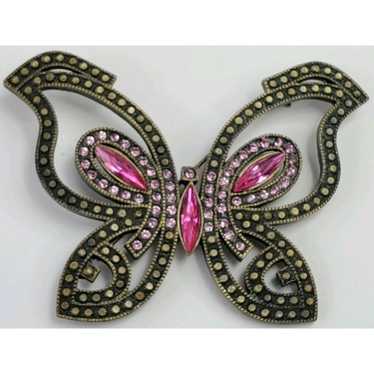 Large Metal Brass Tone Butterfly Pin Brooch with … - image 1