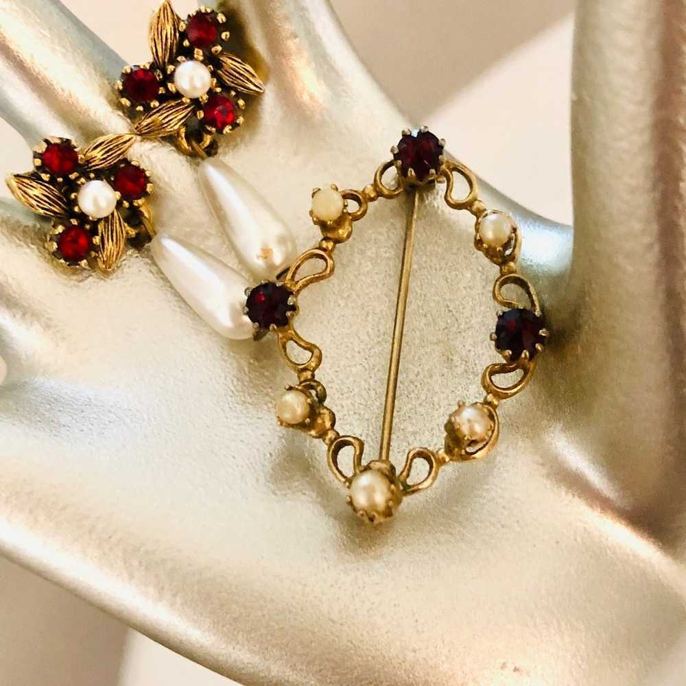 Antique vintage dainty Ruby Rhinestone Earrings &… - image 5