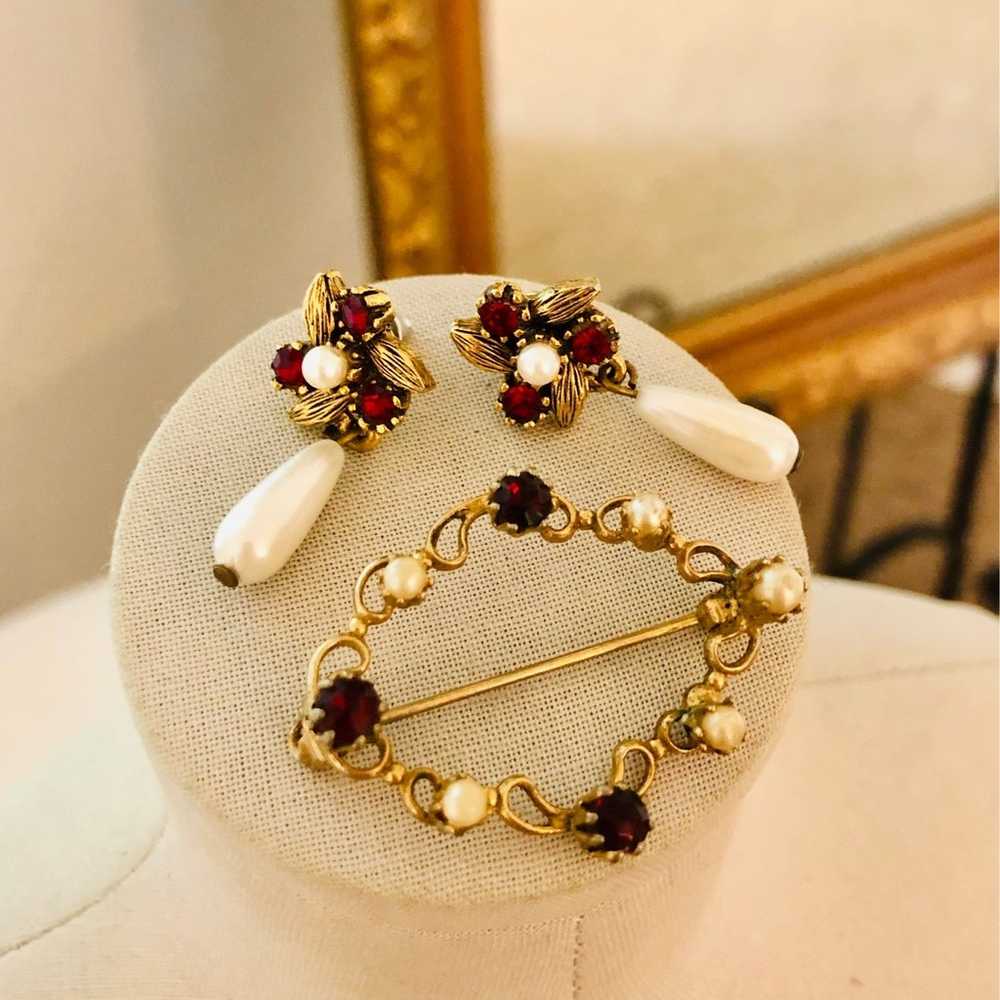 Antique vintage dainty Ruby Rhinestone Earrings &… - image 7