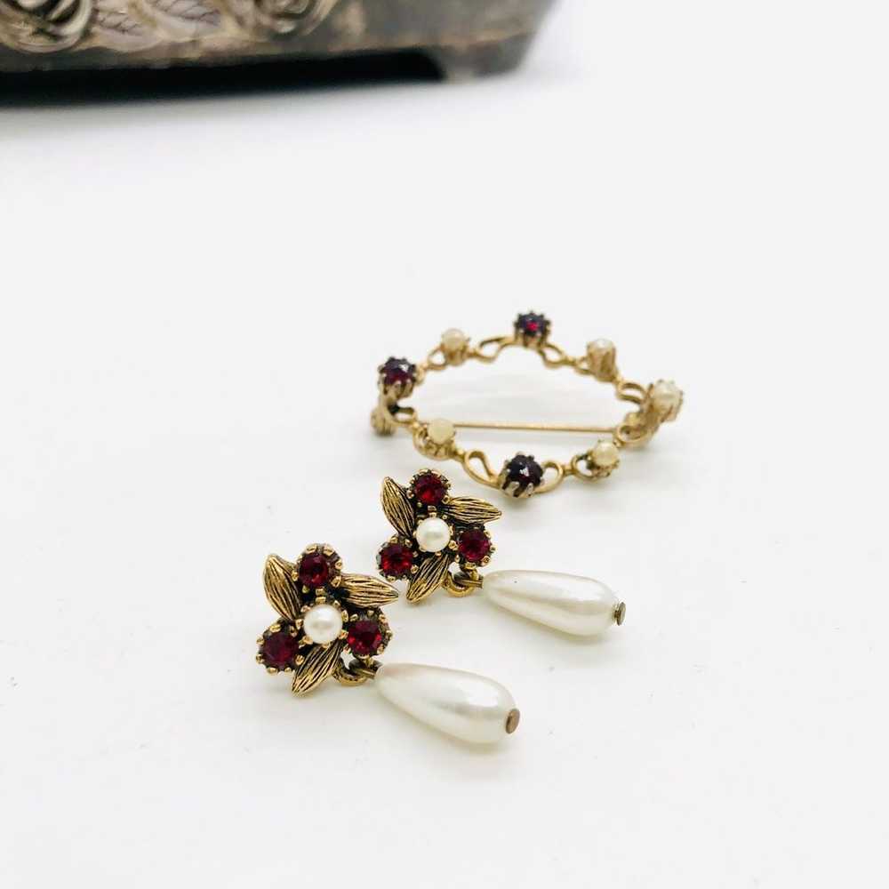 Antique vintage dainty Ruby Rhinestone Earrings &… - image 8