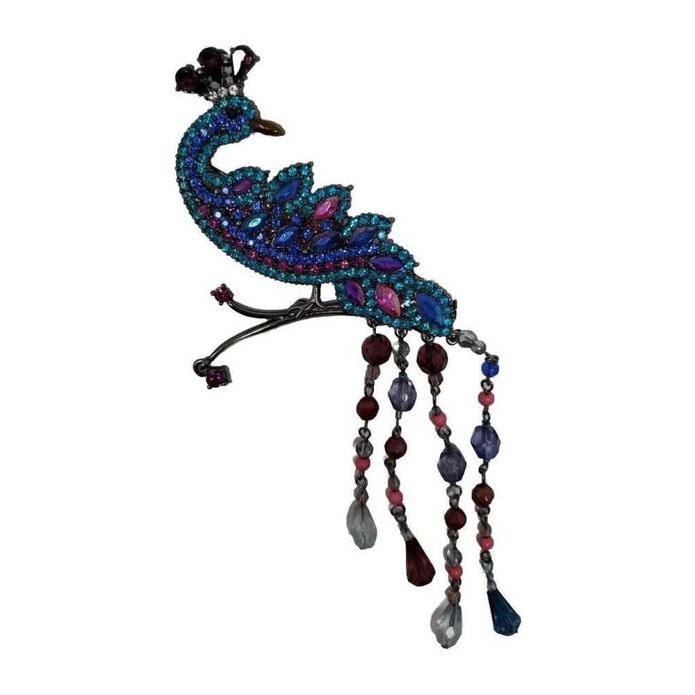 Vintage Signed Jeweled Peacock Dangle Brooch - image 2