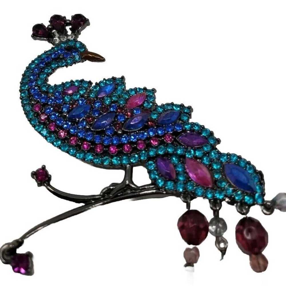 Vintage Signed Jeweled Peacock Dangle Brooch - image 3