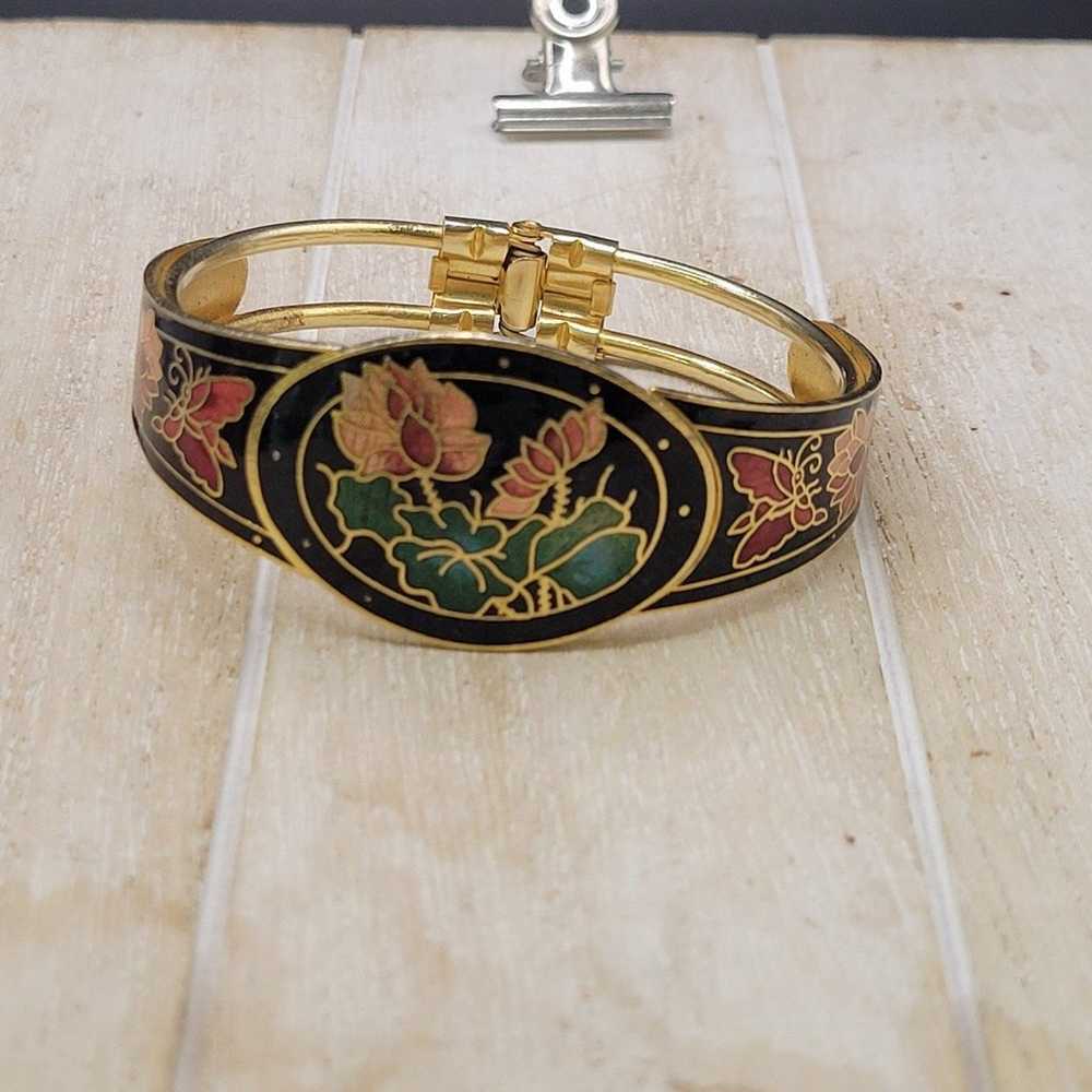 Vintage Floral Cloisonne Bracelet Hinged opening - image 3