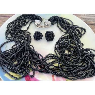 Vintage 1960s Black glass Seed Bead 12 Strand Nec… - image 1