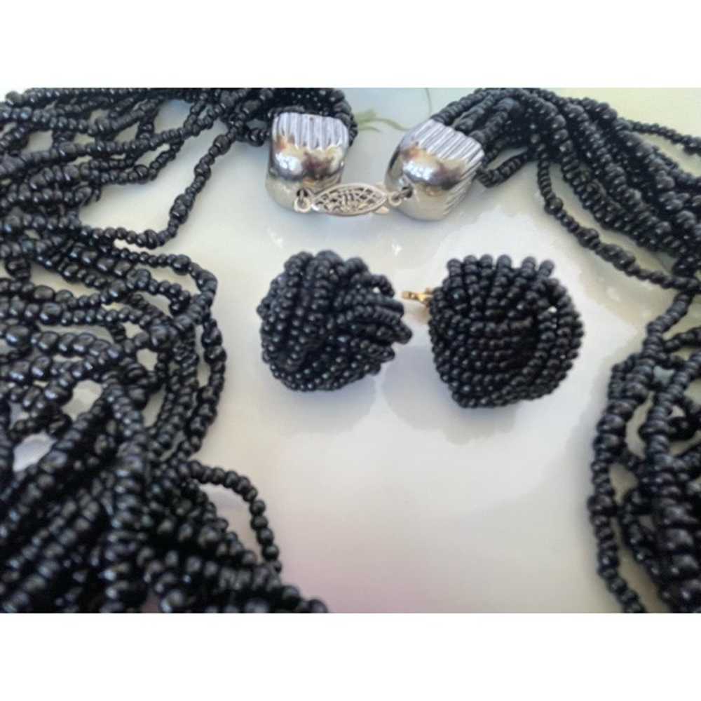 Vintage 1960s Black glass Seed Bead 12 Strand Nec… - image 2