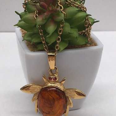 Gold plated amber bug necklace - image 1