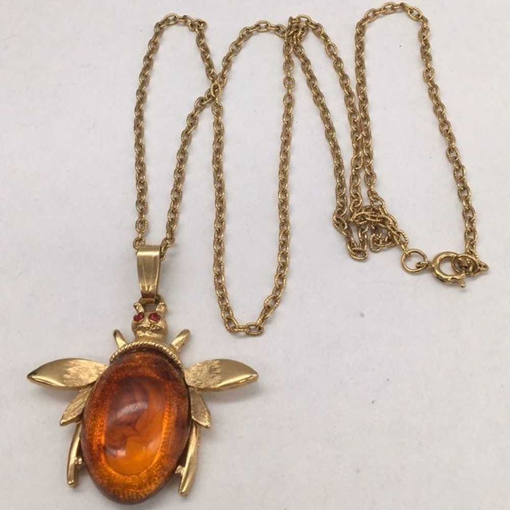 Gold plated amber bug necklace - image 4