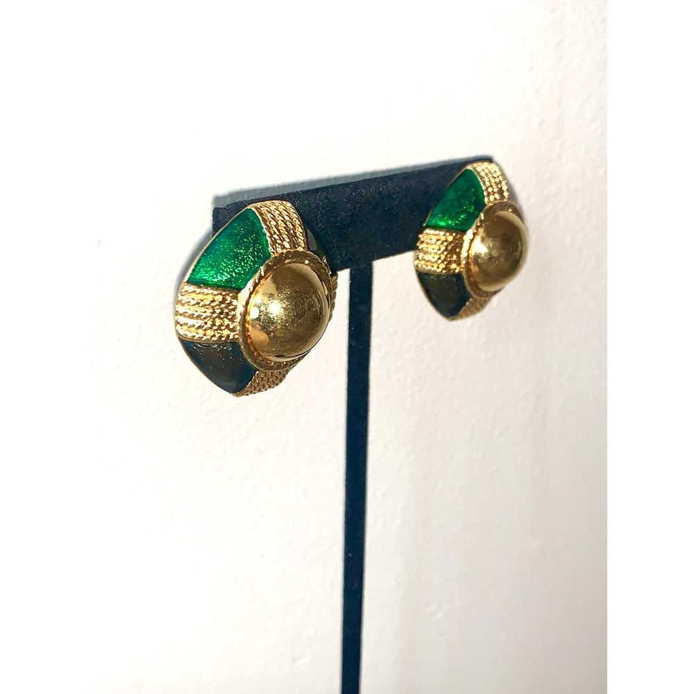 Vintage CJD Gold Green Enamel Statement Earrings … - image 3