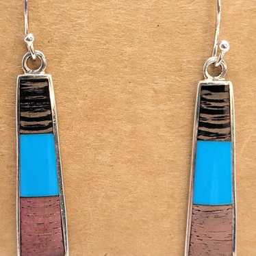 Vintage Blue Turquoise Wood Cork Dangle Earrings … - image 1