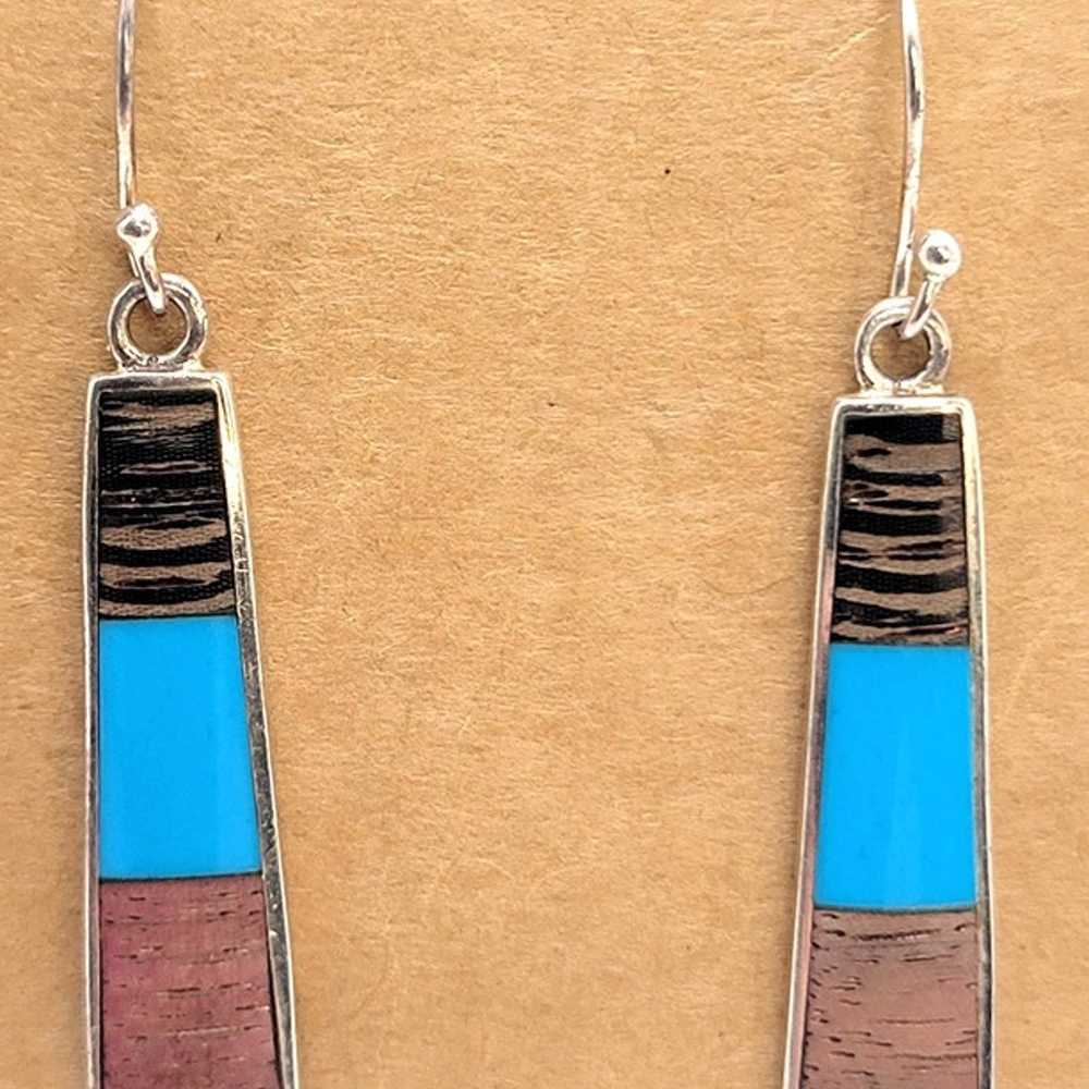 Vintage Blue Turquoise Wood Cork Dangle Earrings … - image 2