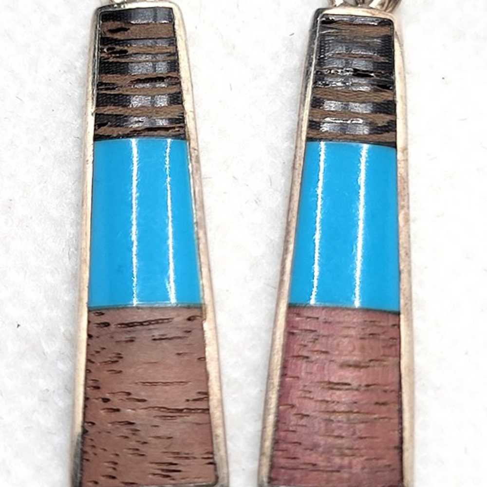 Vintage Blue Turquoise Wood Cork Dangle Earrings … - image 3