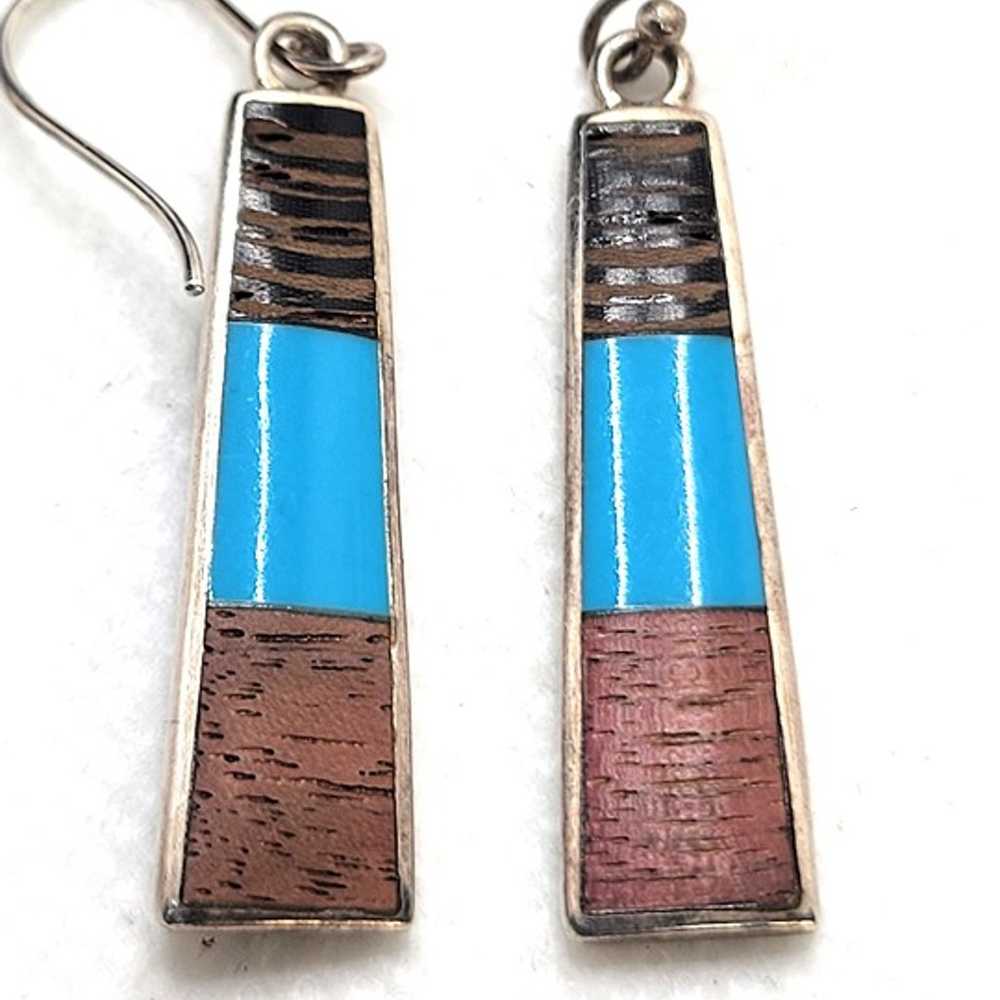 Vintage Blue Turquoise Wood Cork Dangle Earrings … - image 5