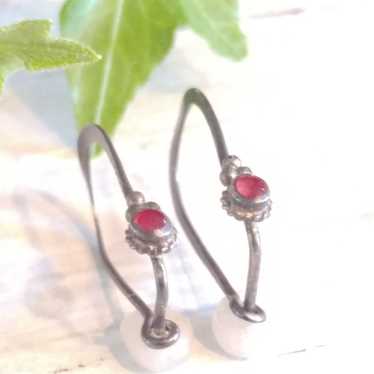 Vtg Boho Garnet Solid Sterling 925 Earr