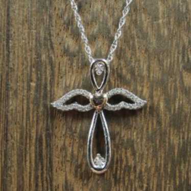 18" Sterling Silver Angel Cross Diamond Gem Neckl… - image 1