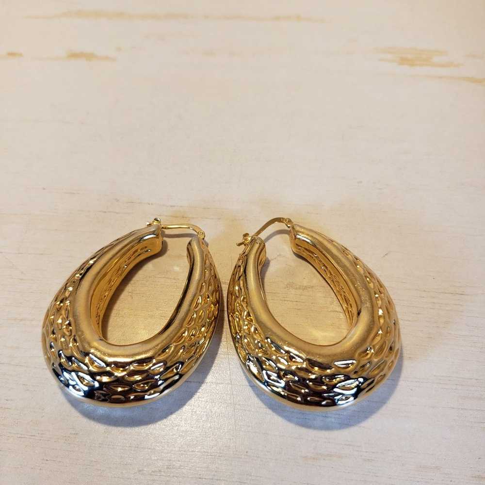 Vintage 18K Gold Plated Huge Hoop Earrings Textur… - image 1