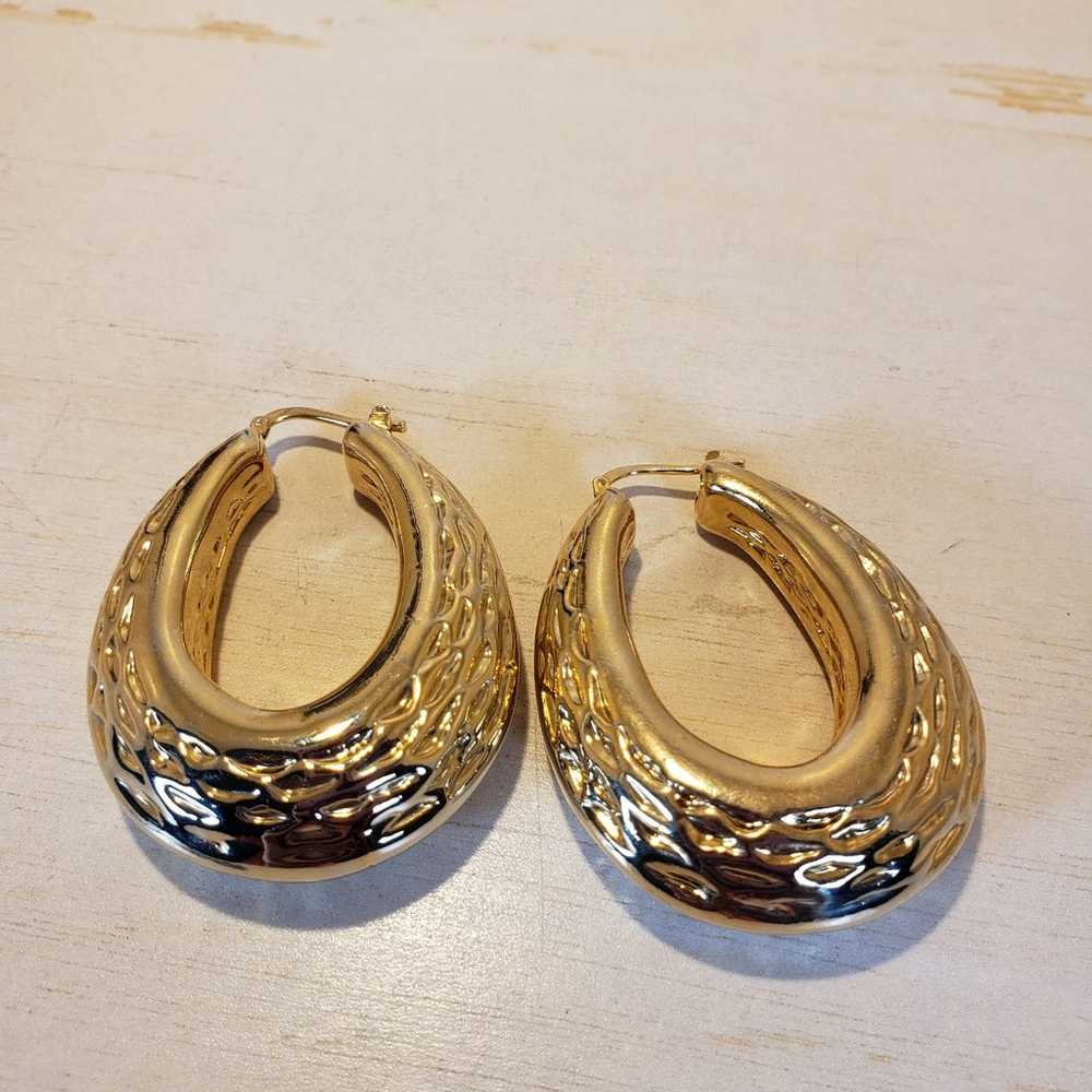 Vintage 18K Gold Plated Huge Hoop Earrings Textur… - image 2