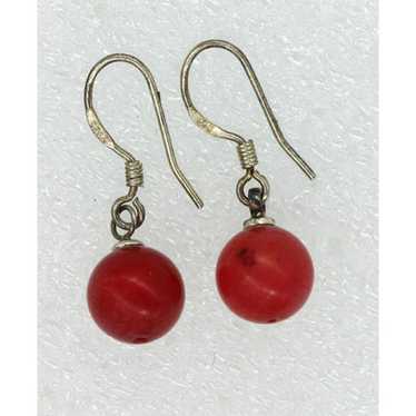 Vintage Signed Acleoni sterling & red Coral heart outlet pierced drop dangle earrings