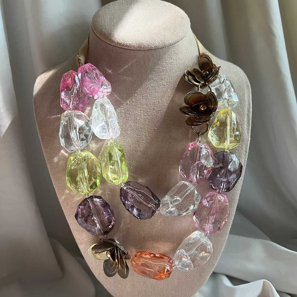 Chunky Pastel Lucite Gold Tone Floral Statement R… - image 1