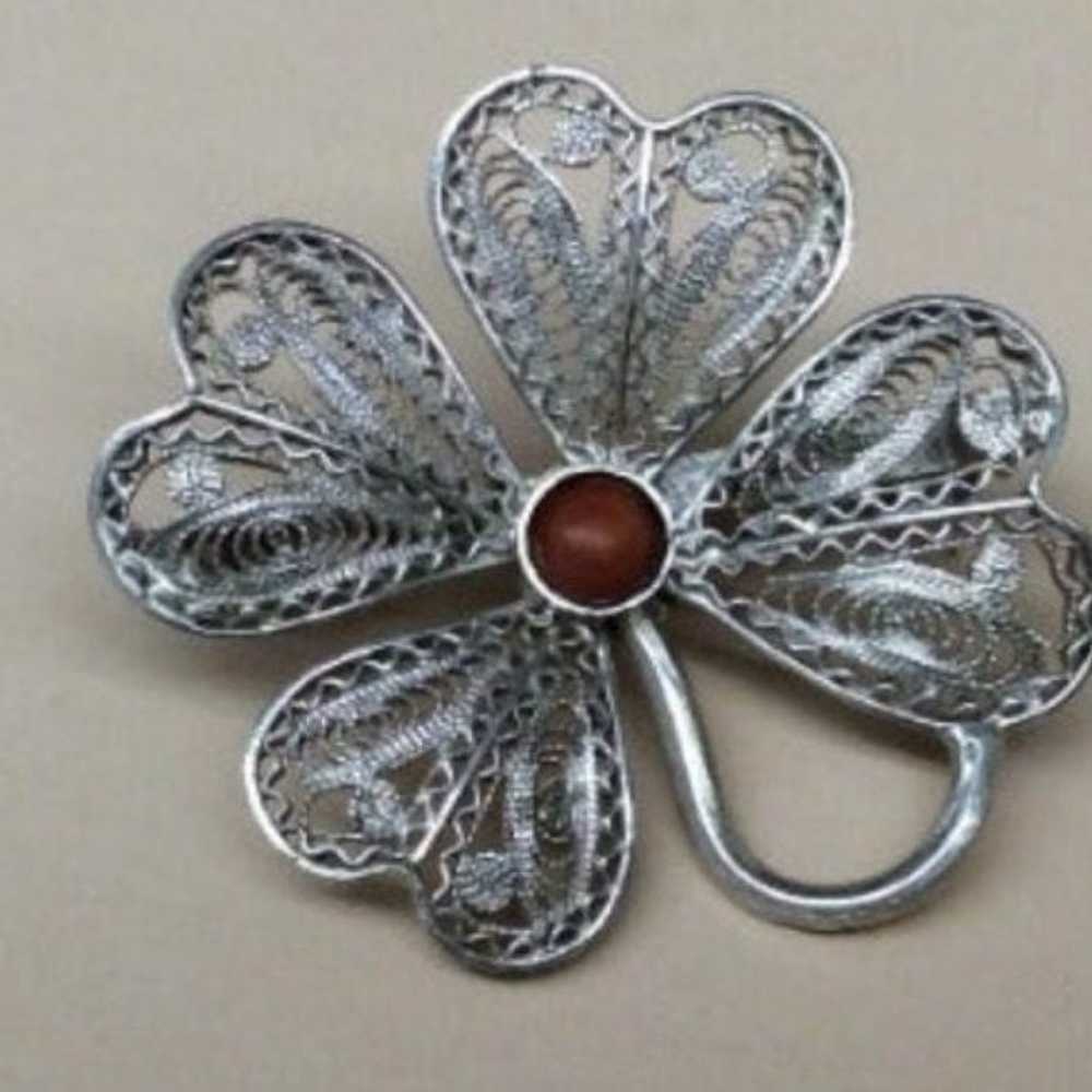 vintage 800 coral Filigree sterling Silver Lucky … - image 1