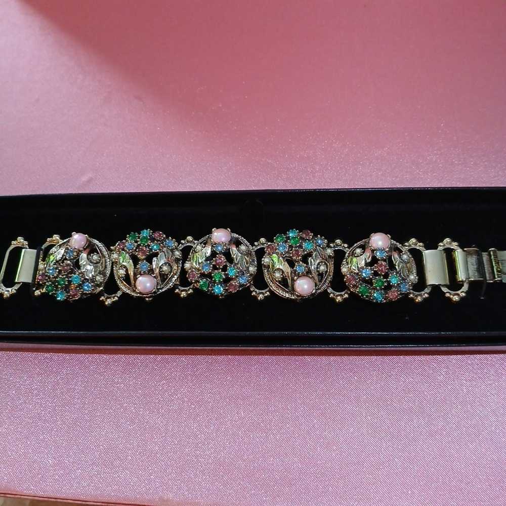 Rhinestone Book Chain Bracelet, Colorful 1950s Vi… - image 1