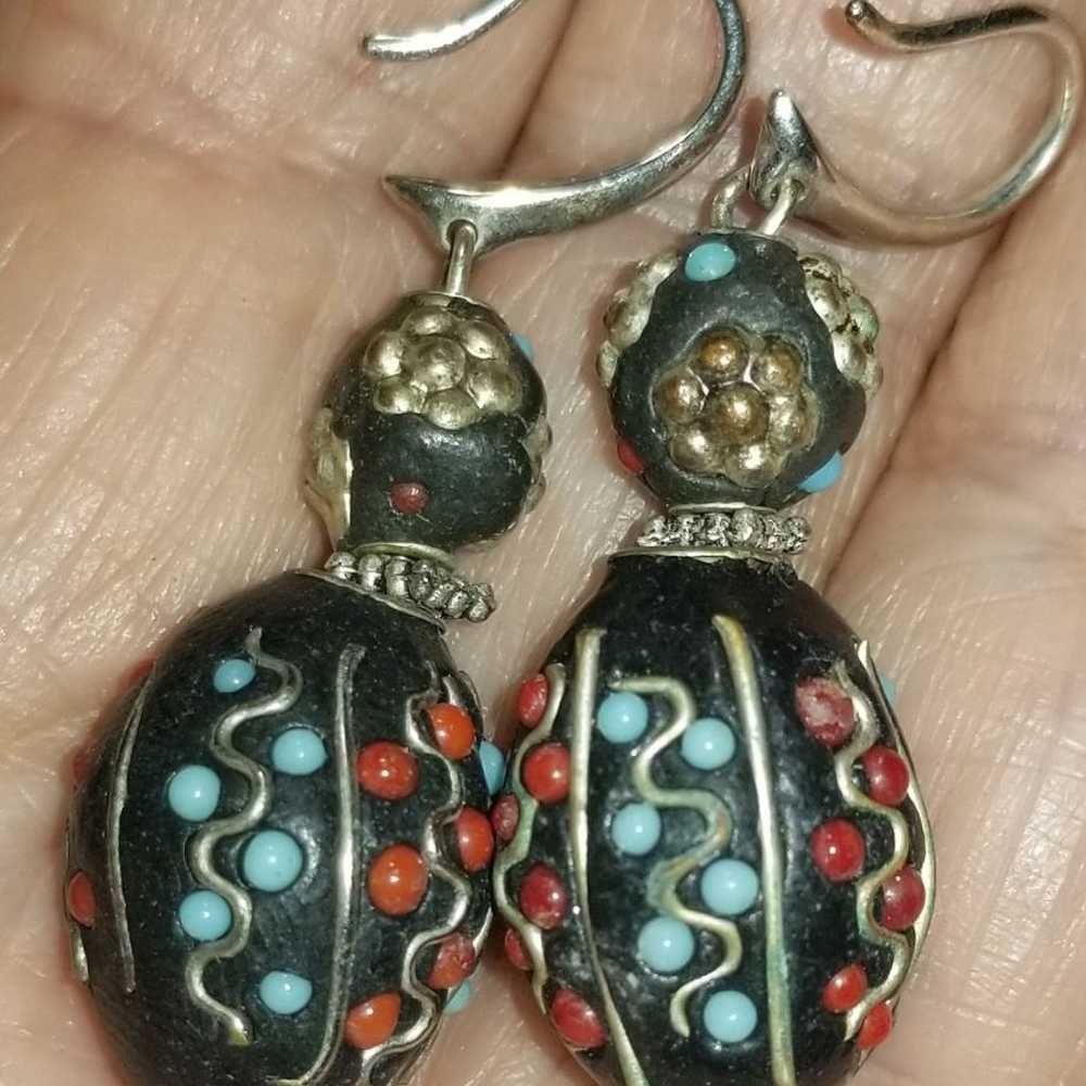 Exotic Kashmiri Sterling & Bead Earrings - image 3