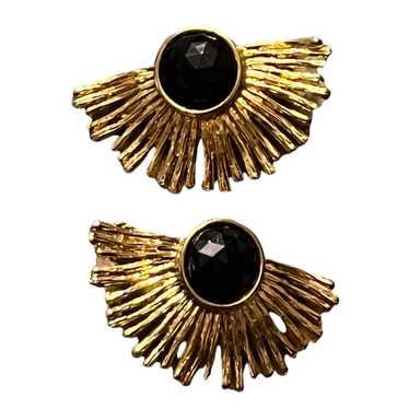 VINTAGE GOLD HALF STARBURST EARRINGS BLACK JET CE… - image 1