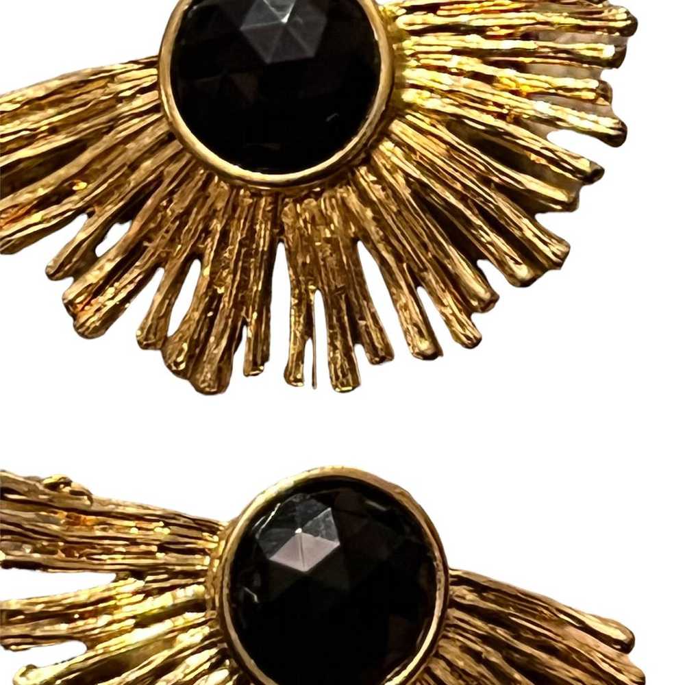 VINTAGE GOLD HALF STARBURST EARRINGS BLACK JET CE… - image 2