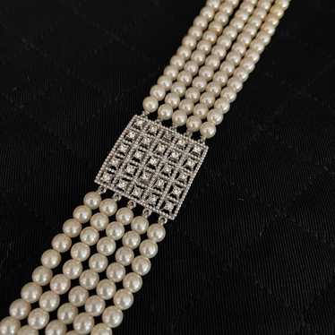 Vintage 5 Strand Faux PEARL & RHINESTONE Choker N… - image 1