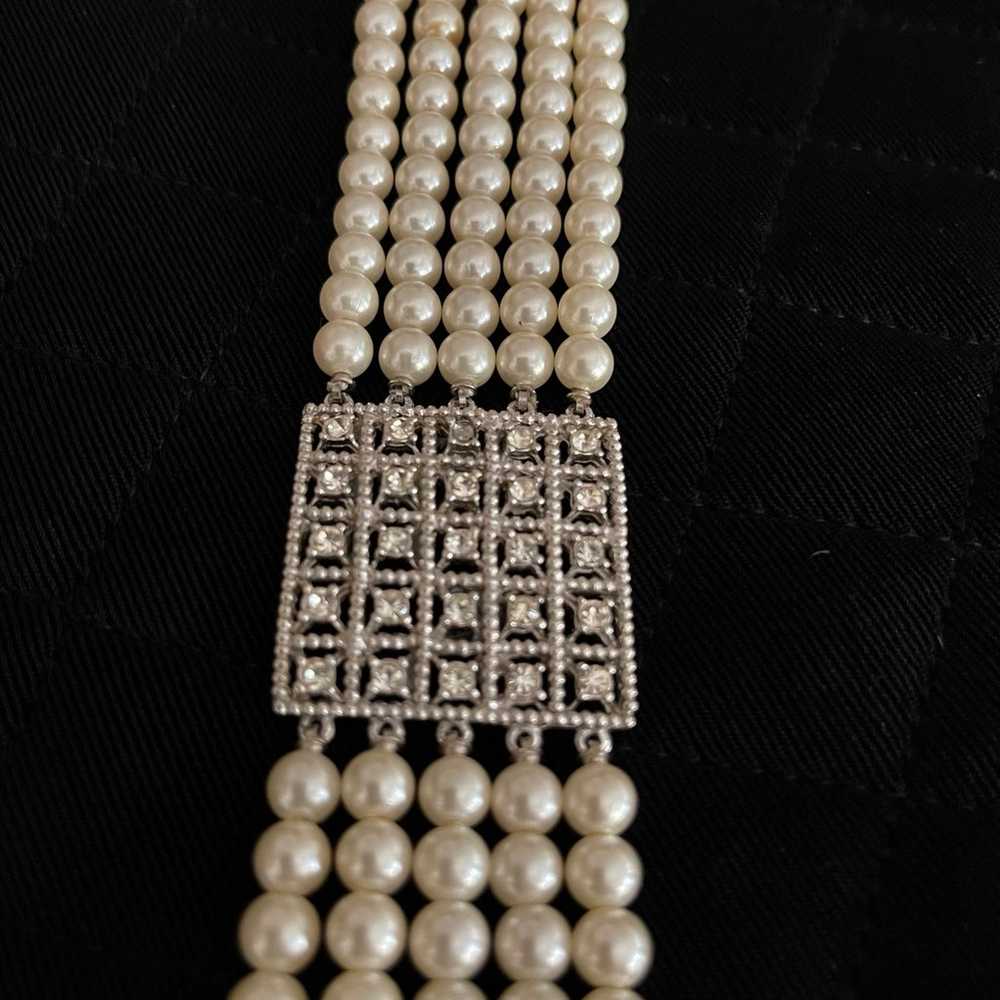 Vintage 5 Strand Faux PEARL & RHINESTONE Choker N… - image 2