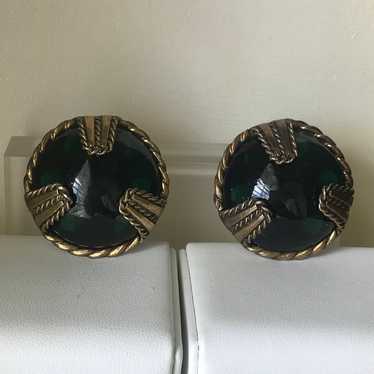 Vintage Stamped Brass Dark Green Glass Stud Large 