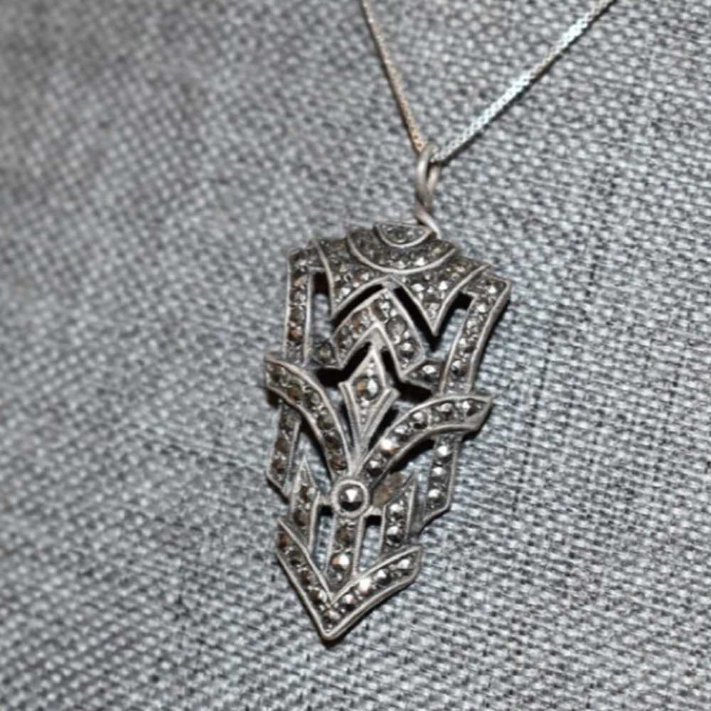 Vintage Sterling Silver marcasite Necklace pendan… - image 2