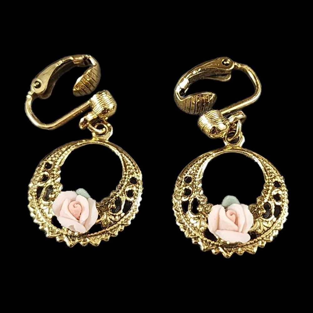 Vintage Earrings Pink Porcelain Rose Gold Tone Wo… - image 2