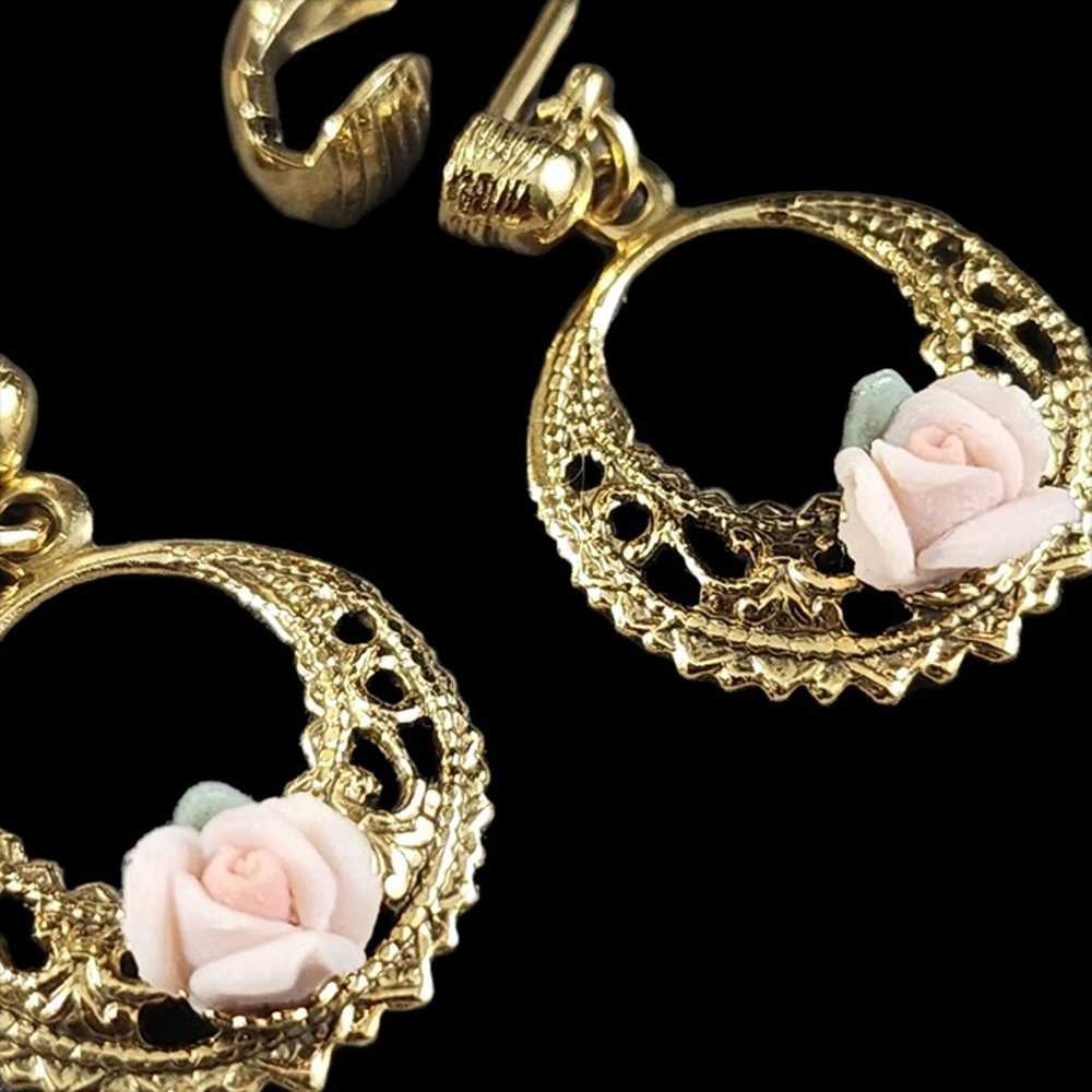 Vintage Earrings Pink Porcelain Rose Gold Tone Wo… - image 4