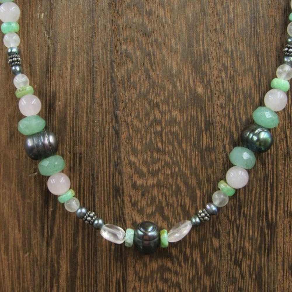 18" Sterling Silver Jade Pearls & Rose Quartz Sto… - image 1